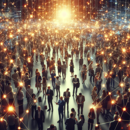 Large crowd of people connected by glowing lines of light in communication and networking effectの素材