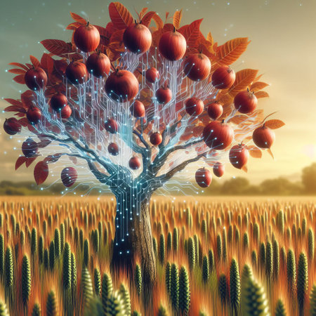 tree with connections of digital network lines on the branches. The concept of digital network Internet technologies, the connection of nature and modern technologyの素材