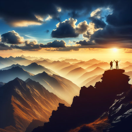 Silhouette of two happy hikers stands with raised arms against sunset and enjoys mountains viewの素材