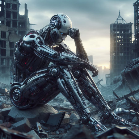 Robot in the ruins of a city. Futuristic war concept.の素材