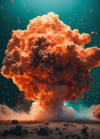 Explosion of orange colored powder on natural landscape. Abstract colored backgroundの素材