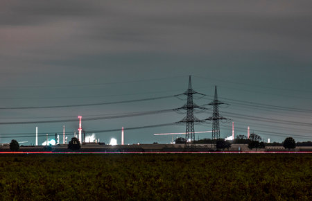 Electric Power Transmission Towers at night