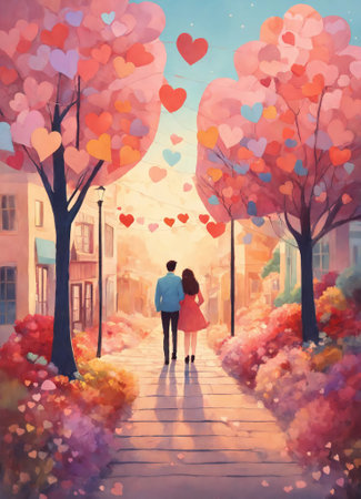 romantic couple man and woman walk along a path surrounded by many heart smalls. Valentine's Day, Weddingの素材