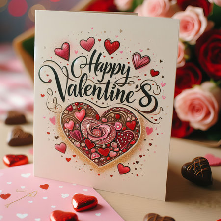 card with hearts for Valentine's day and bouquet of flowers on backgroundの素材
