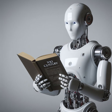 3D illustration of a humanoid robot reading a book on 21st century history. Concept of future technologies, data mining and 4th fourth industrial automation revolutionの素材