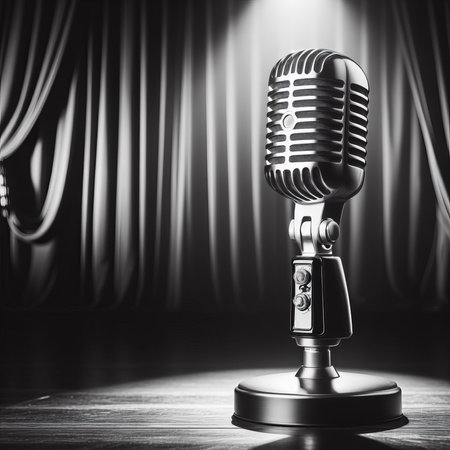 vintage retro microphone on stage under spotlights black and whiteの素材