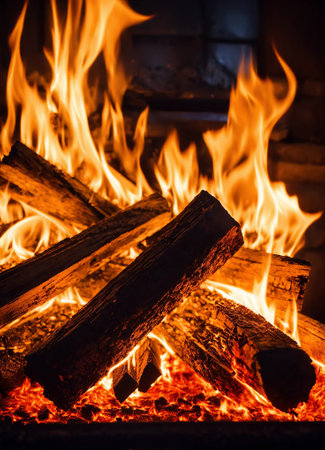 Burning firewood in fire-box of fireplace in country cottage. Rustic cooking oven with burning logsの素材