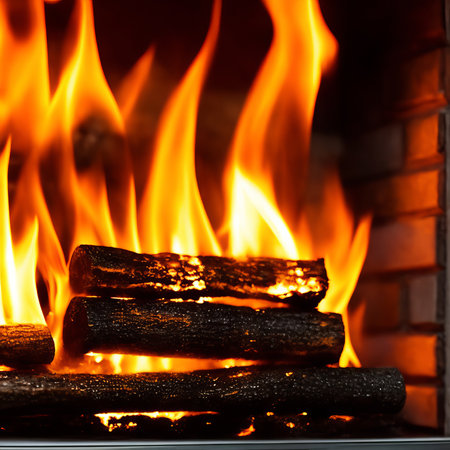 Burning firewood in fire-box of fireplace in country cottage. Rustic cooking oven with burning logsの素材