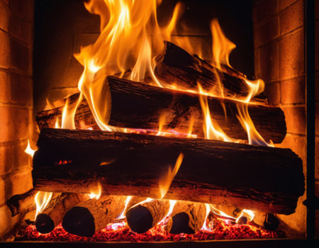 Burning firewood in fire-box of fireplace in country cottage. Rustic cooking oven with burning logsの素材