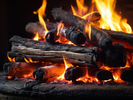 Burning firewood in fire-box of fireplace in country cottage. Rustic cooking oven with burning logsの素材