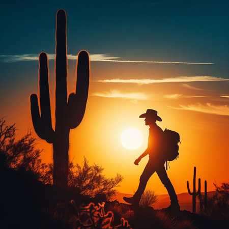 silhouette of a lonely man in a hat walking through the desert with cacti against the backdrop of the evening sunの素材