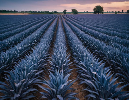 Panoramic view of blue corn agricultural field plantation with blue sky backgroundの素材