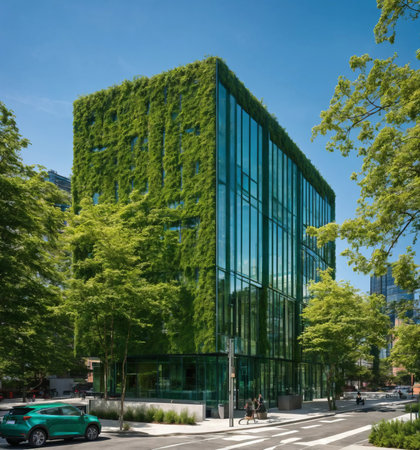 Eco-friendly building in a modern city. Eco-friendly glass office building with plantsの素材