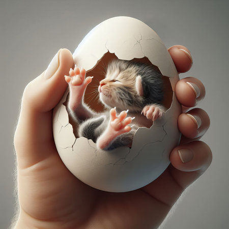 Cute kitten peeking out of an eggshell. Kitten hatches from eggsの素材