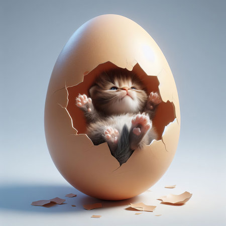 Cute little kitten peeking out of an egg shell. Easter concept.の素材