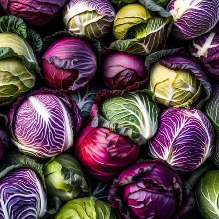 Variety of colorful cabbage as a background. Top view. Flat lay.の素材