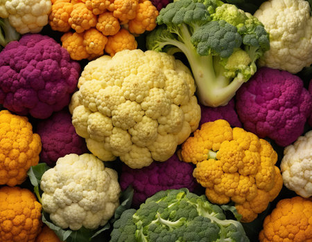 Variety of colorful cauliflowers as background, top viewの素材