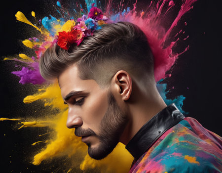 creative barber man head exploding with colorful paint and flowersの素材