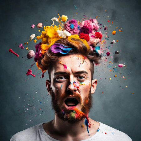 creative barber man head exploding with colorful paint and flowersの素材