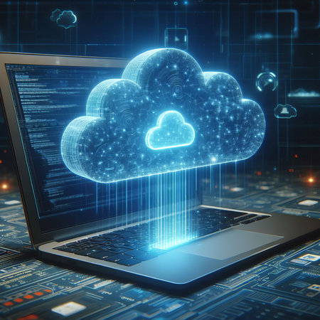 Digital information technology web futuristic hologram with cloud icon. Cloud data storage, data flow over wiresの素材