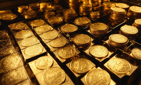 many golden colored metal coins in a bank cash vaultの素材