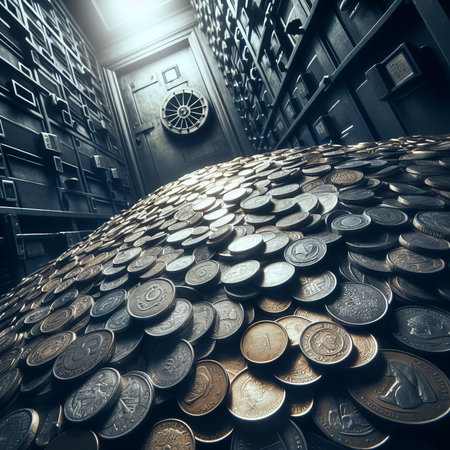 many golden colored metal coins in a bank cash vaultの素材