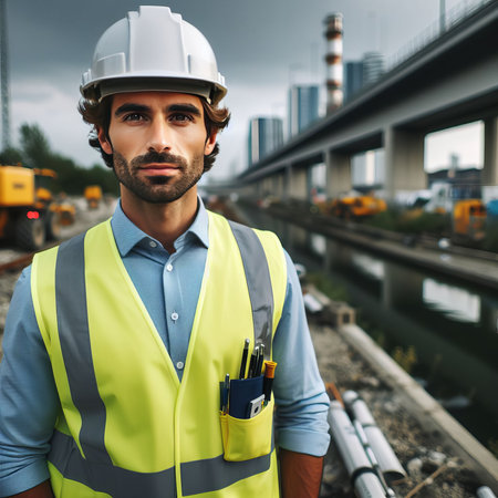 Construction worker wearing a hard hat and reflective vest. Construction work and real estate concept.の素材