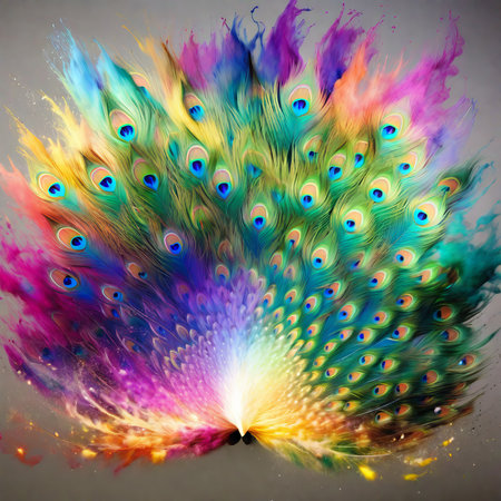 Explosion of colored powder aerosol. Colored rainbow powder explosion background in the form of peacock tail feathersの素材