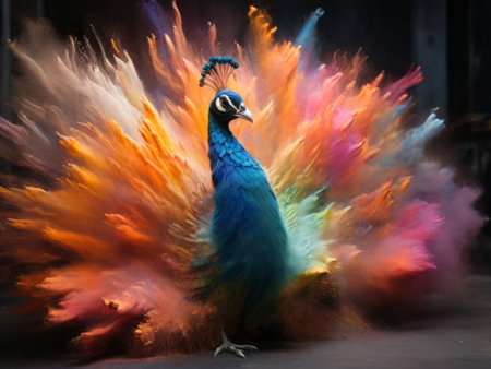 Explosion of colored powder aerosol. Colored rainbow powder explosion background in the form of peacock tail feathersの素材