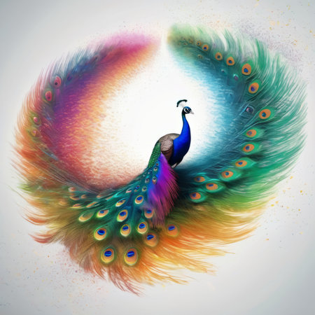 Explosion of colored powder aerosol. Colored rainbow powder explosion background in the form of peacock tail feathersの素材