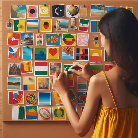 woman pasting paper color stickers on boardの素材