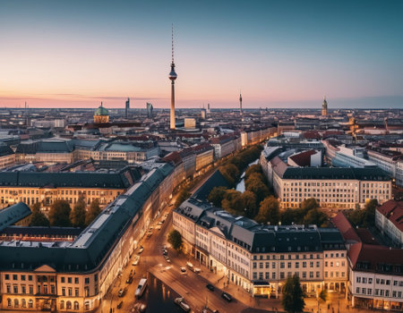 Berlin Skyline City Panorama with blue sky sunset - famous landmark in Berlin, Germany, Europeの素材