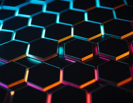 Abstract hexagon background, 3d render, computer digital illustration.の素材