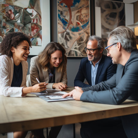 Business team, four business colleagues at the table have fun and relaxed communication