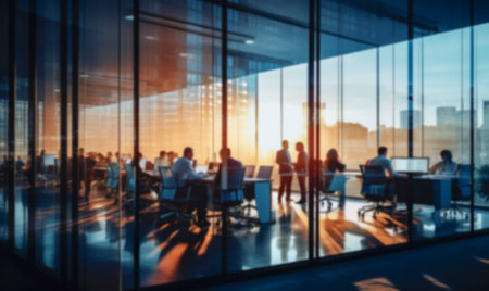 businessmen sitting in a modern glass office building at sunset. Business office buildings conceptの素材