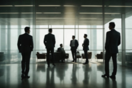 silhouettes of people walking in a modern glass office building. Business office buildings conceptの素材
