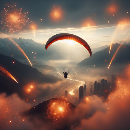 A paraglider flies over the city at sunset among fireworksの素材