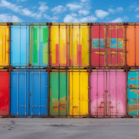 Cargo new freshly painted colorful containers in clear sunny weatherの素材