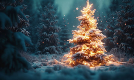 a snow-covered scene with a bright and colorful Christmas tree. The tree, an evergreen, is centrally positioned and illuminated with lights, standing out in the midst of a fir forest. Surrounding the tree, the snow-covered ground has a fluffy appearance. While the night sky in the background exhibits a unique blend of blue and pink hues sky color at dusk or dawnの素材