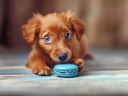 A Nova Scotia Duck Tolling Retriever puppy is featured lying on a hardwood floor while holding a blue macaroon in its paws. The dog's eyes are open and it appears to be in a relaxed yet playful demeanor, suggesting a gentle and homey atmosphere.の素材