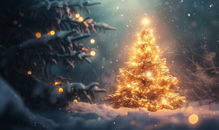 a snow-covered scene with a bright and colorful Christmas tree. The tree, an evergreen, is centrally positioned and illuminated with lights, standing out in the midst of a fir forest. Surrounding the tree, the snow-covered ground has a fluffy appearance. While the night sky in the background exhibits a unique blend of blue and pink hues sky color at dusk or dawnの素材