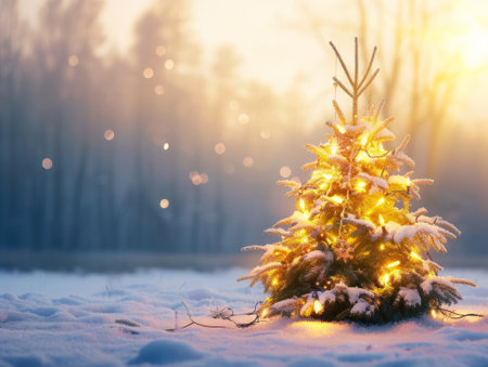a snow-covered scene with a bright and colorful Christmas tree. The tree, an evergreen, is centrally positioned and illuminated with lights, standing out in the midst of a fir forest. Surrounding the tree, the snow-covered ground has a fluffy appearance. While the night sky in the background exhibits a unique blend of blue and pink hues sky color at dusk or dawnの素材
