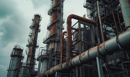 industrial landscape with heavy pollution produced by a large factory. Chemical plant. Pipes on the territory of the plantの素材