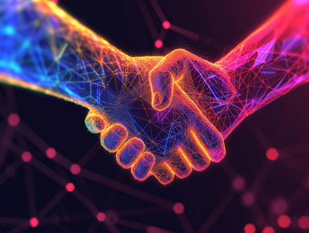 Handshake of two business people. 3d glowing polygonal wireframe illustration.の素材