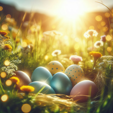 Multi-colored Easter eggs lie on the lawn among grass and flowers, illuminated by a beautiful sunny yellow lightの素材