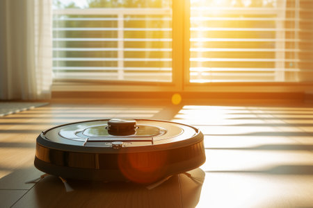 robot vacuum cleaner on the floor in a room in the interior of a residential building illuminated by sunlight from the windowの素材