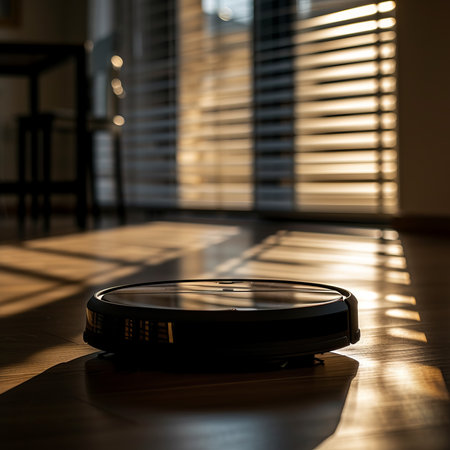 robot vacuum cleaner on the floor in a room in the interior of a residential building illuminated by sunlight from the windowの素材