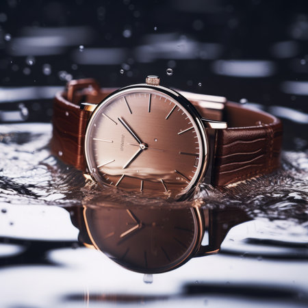 a wristwatch in a minimalist style lies with a closed strap on a glossy surface with water dropsの素材