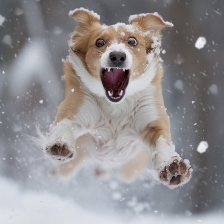 Active dog runs happily jumping in the snowbound forestの素材