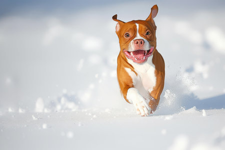 Active dog runs happily jumping in the snowbound forestの素材